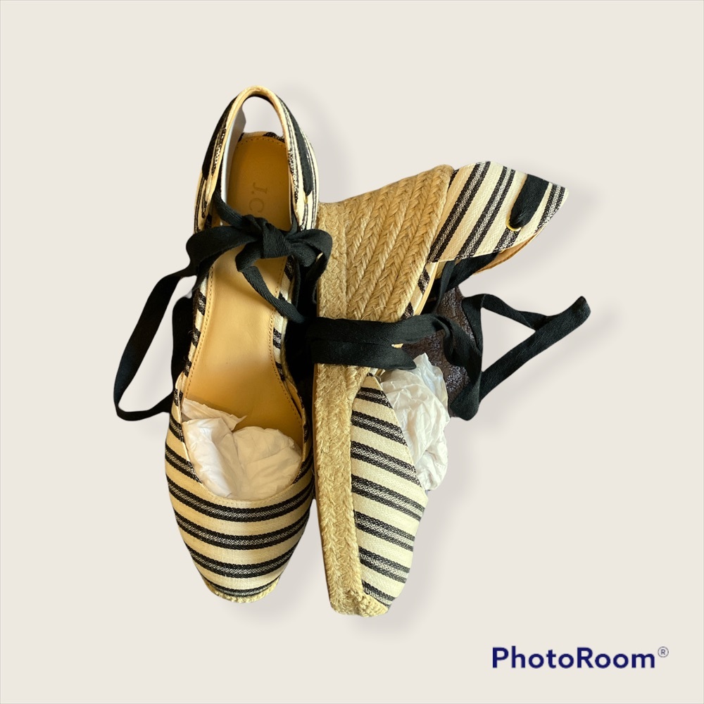 J. Crew Striped Espadrille Wedge Sandals with Black Ankle Ties - Picture 3 of 6